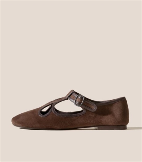 HEREU ONDARA SUEDE FLAT CUT-OUT T-BAR SANDAL DARK BROWN